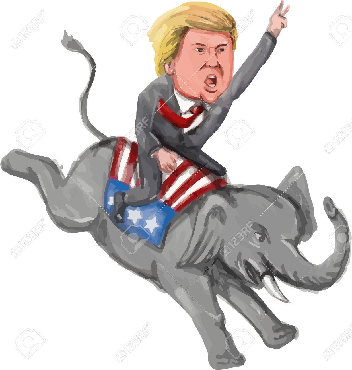 アメリカの不動産王 テレビ タレント 政治家 16 共和党大統領候補ジョン トランプ Ridng 水彩漫画のスタイルで行われる象のマスコットの水彩イラスト の写真素材 画像素材 Image