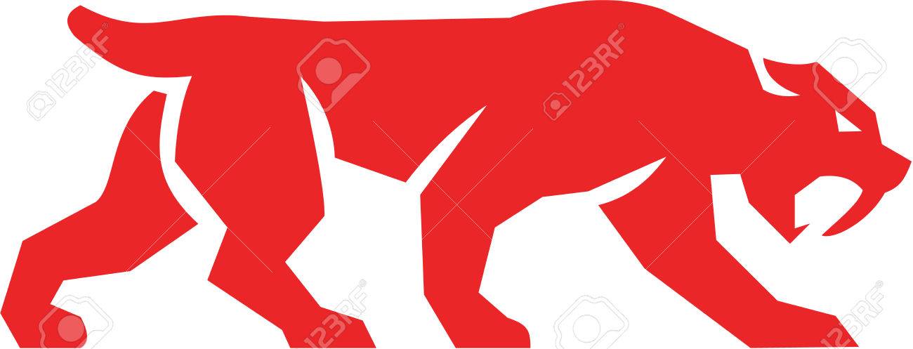 長い 湾曲したサーベル状犬歯最もよく知られた属はレトロなスタイルで行われる分離の白い背景の設定側から見たシルエット歩いてスミロドンとサーベル歯虎や剣歯猫のイラスト のイラスト素材 ベクタ Image