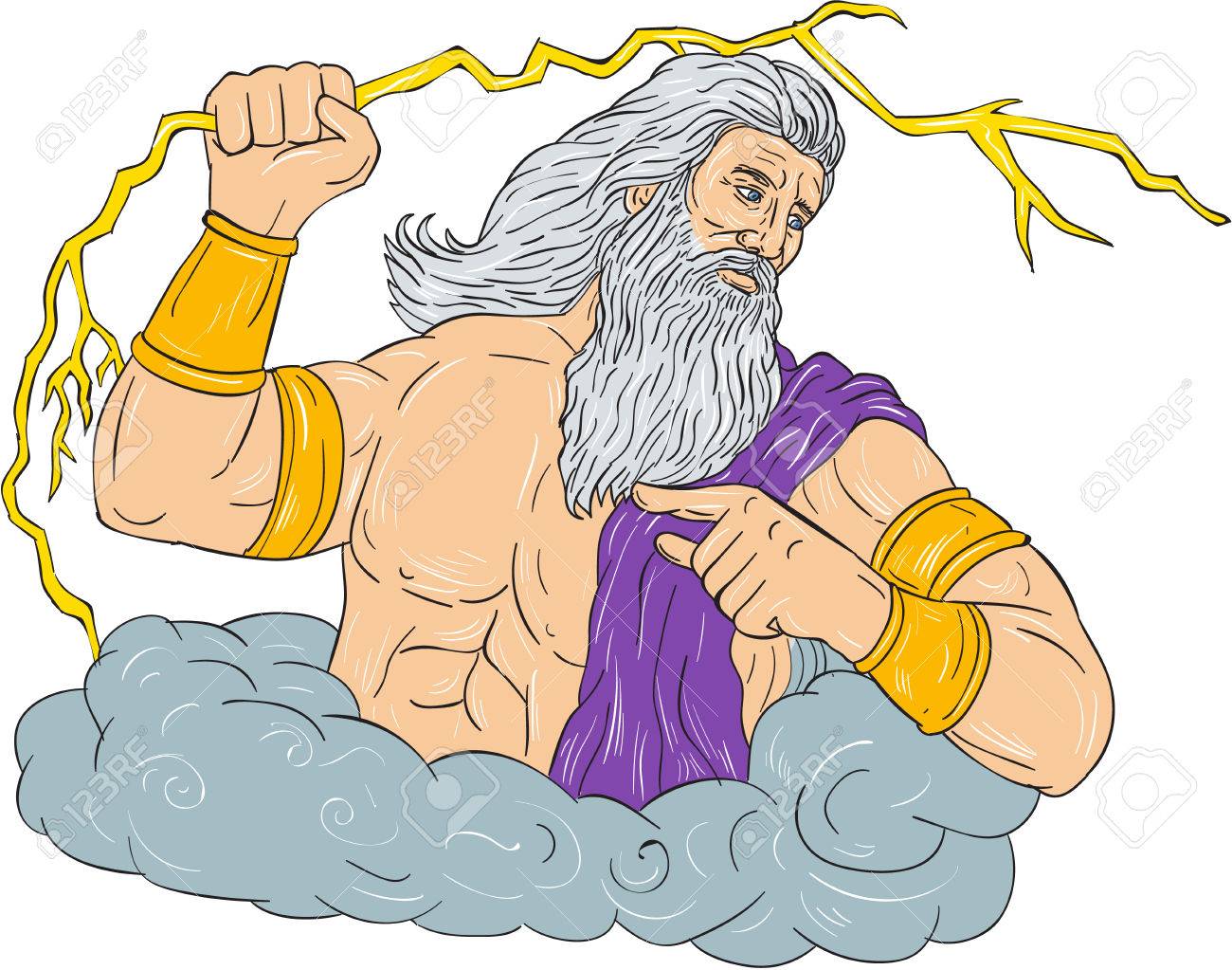 Drawing Sketch Style Illustration Of Zeus Greek God Of The Sky And Ruler Of The Olympian Gods Wielding Holding A Thunderbolt Lightning Looking To The Side Set On Isolated White Background Royalty