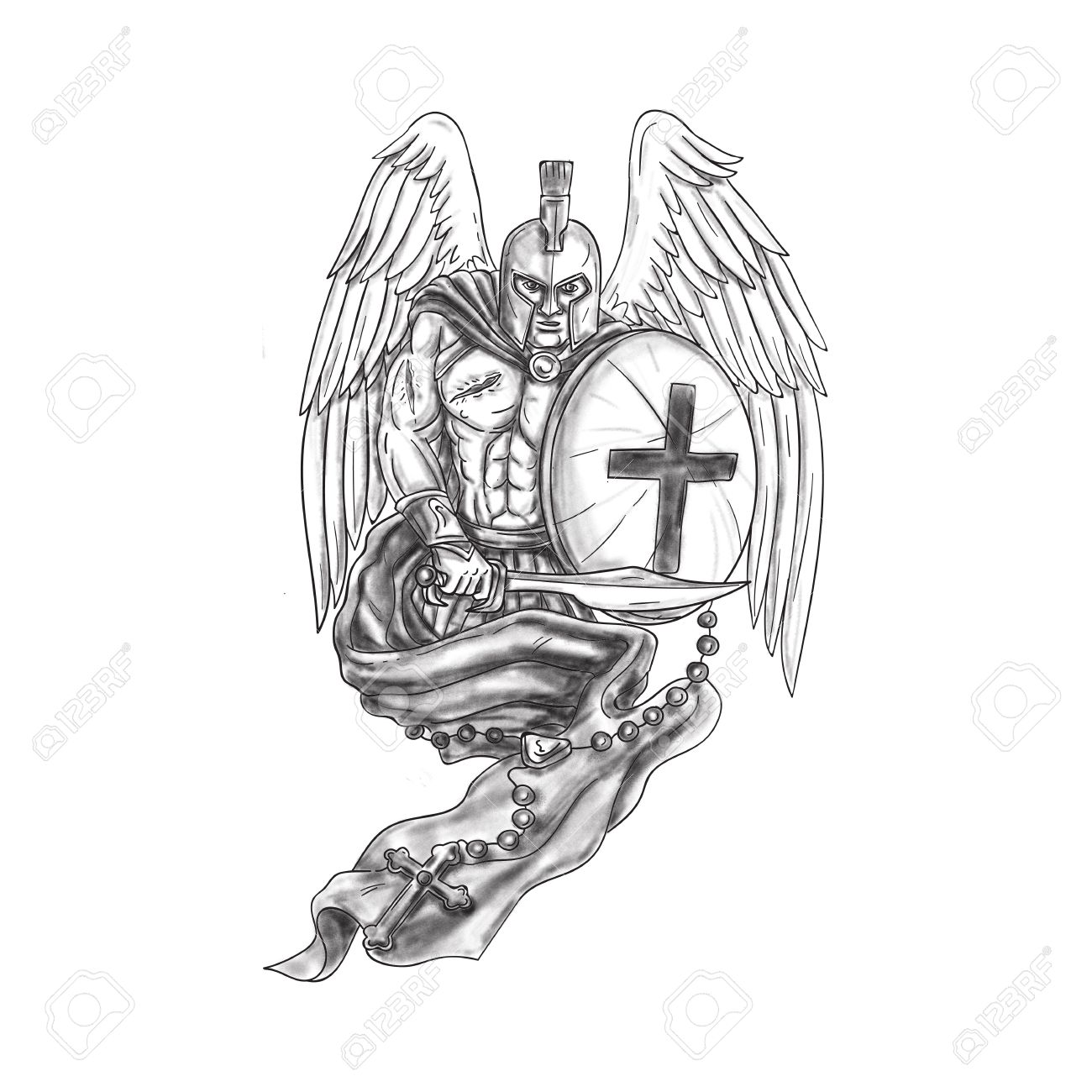 tattoo style illustration of a wounded spartan warrior angel tattoo style illustration of a wounded spartan warrior angel