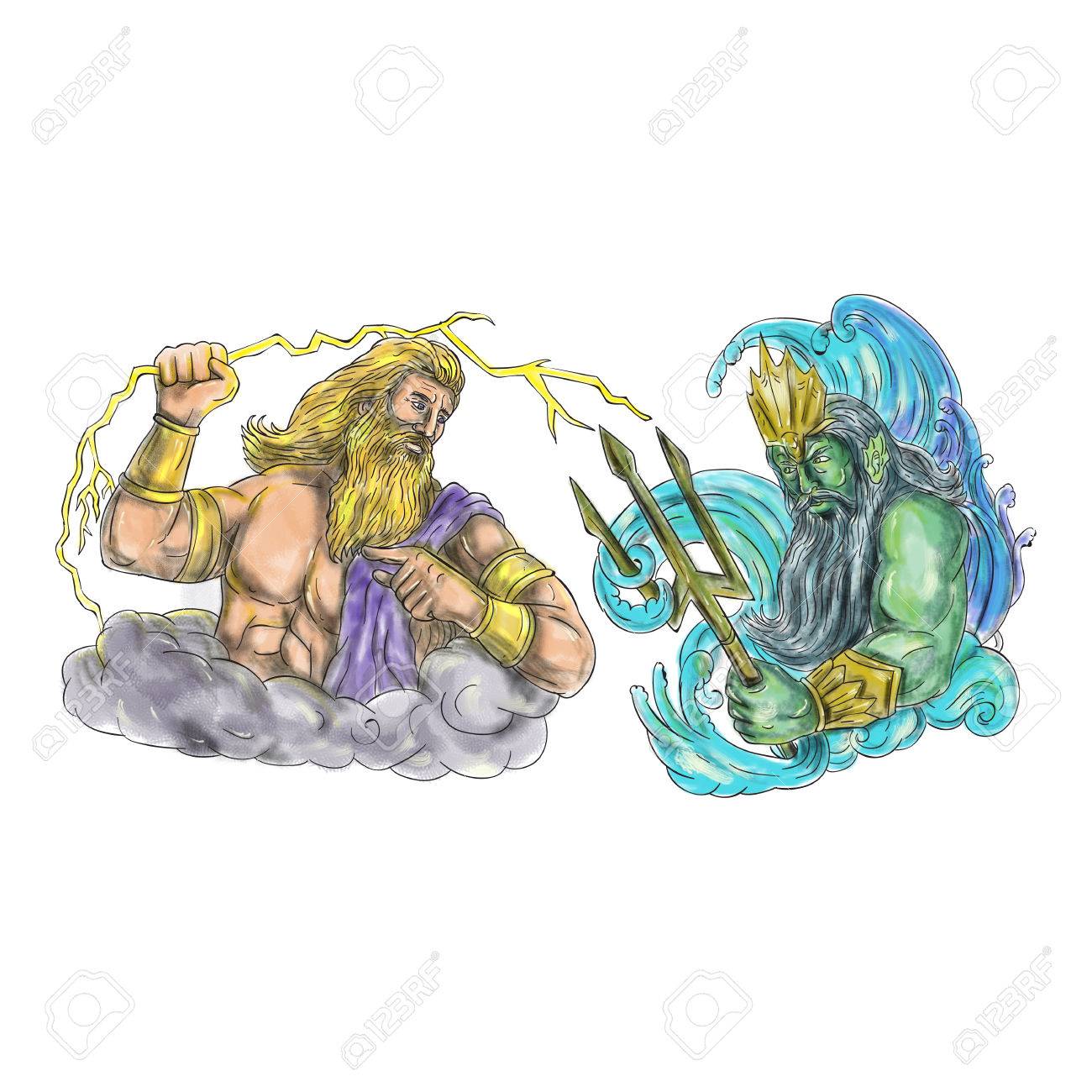 L Illustration Du Style De Tatouage De Zeus Le Dieu Grec Du Ciel Et La Regle Des Dieux Olympiques Brandissant Une Foudre De Foudre Contre Le Trident D Attente De Poseon Entoure Par Des
