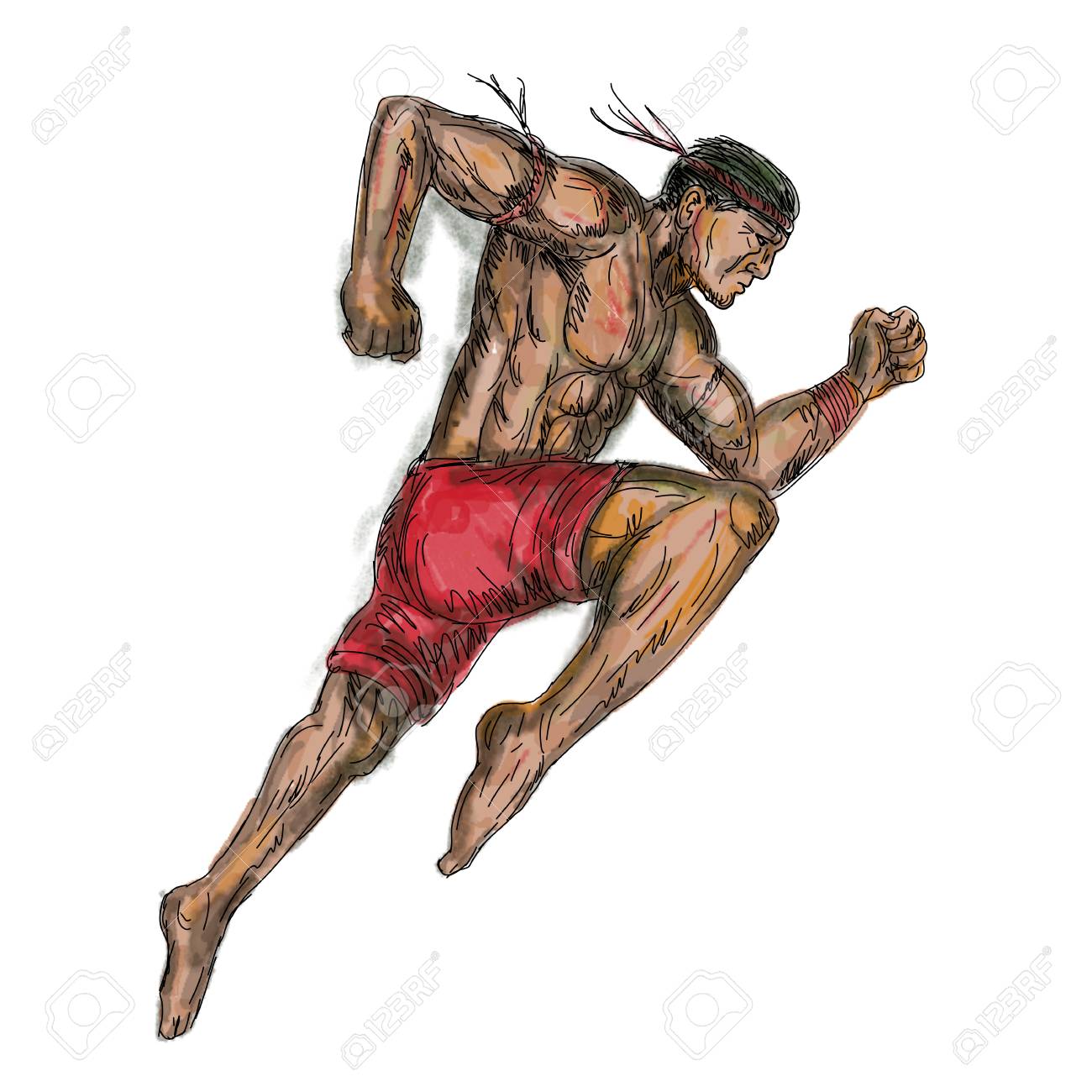 キックしようとしてジャンプ ムエタイ タイ アジア ボクシング戦闘機のタトゥー スタイル イラストは 孤立した背景の側から見た の写真素材 画像素材 Image