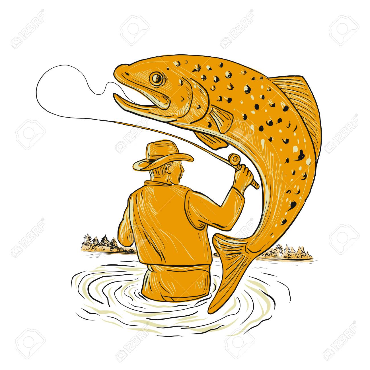 Dessin Illustration De Style Croquis D Une Peche De Pecheur De Mouches Reeling Une Truite Brune Reperee Sautant Vu De L Arriere Sur Fond Isole Clip Art Libres De Droits Vecteurs Et Illustration