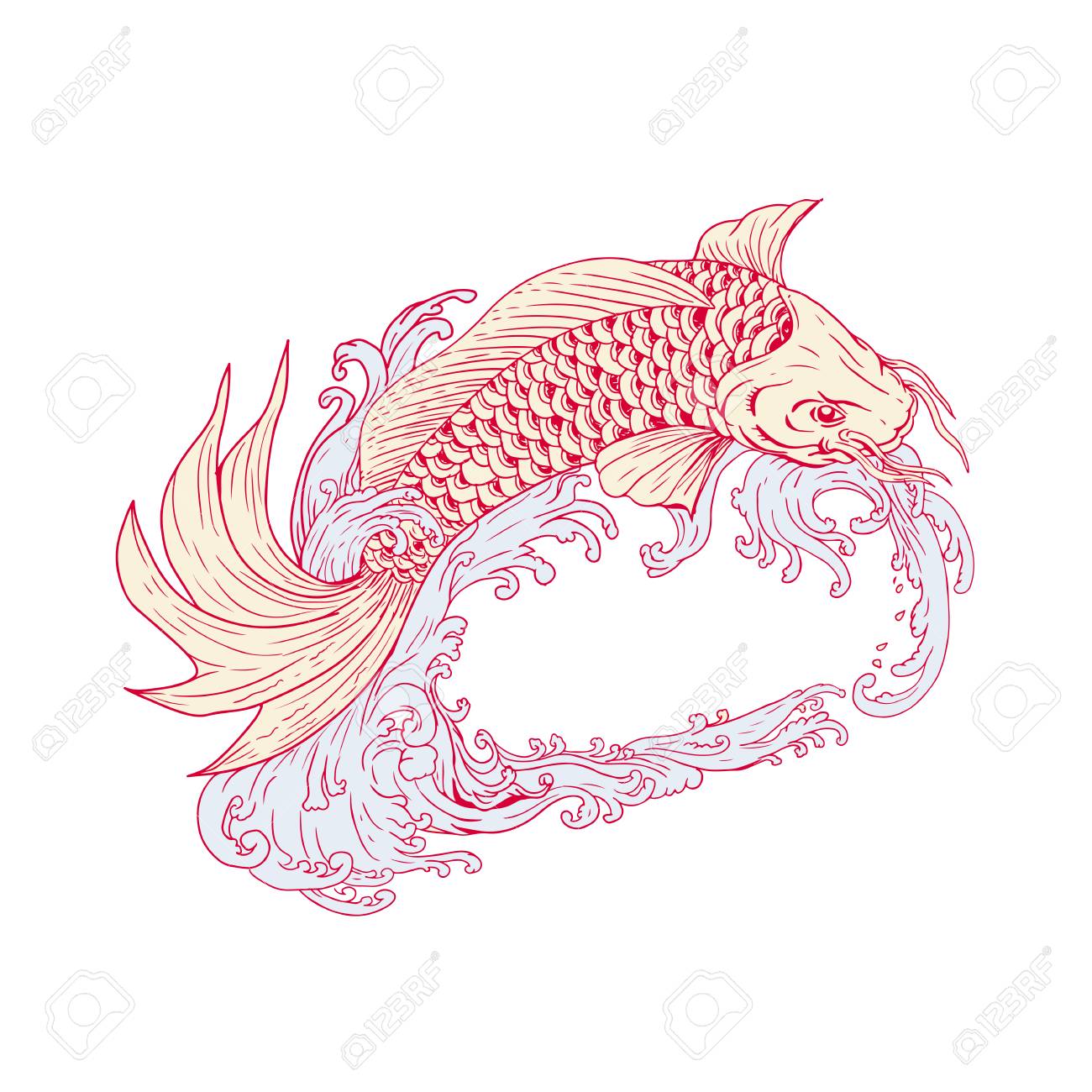 鯉や錦鯉のスケッチ スタイルのイラストを描く アムールの色の品種の魚鯉 孤立した背景に波を飛び越えてします のイラスト素材 ベクタ Image