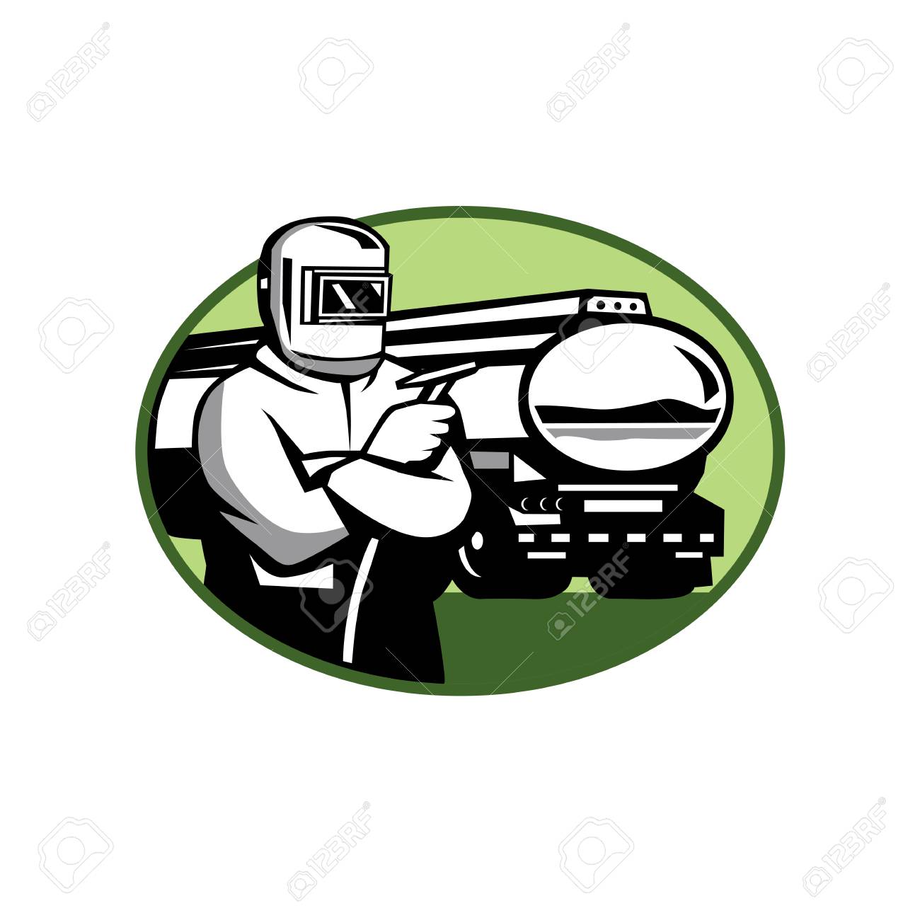 溶接トーチとタンクローリーやタンク トラック分離背景に楕円形の内部設定と Tig 溶接機のレトロなスタイルのイラスト のイラスト素材 ベクタ Image 9232