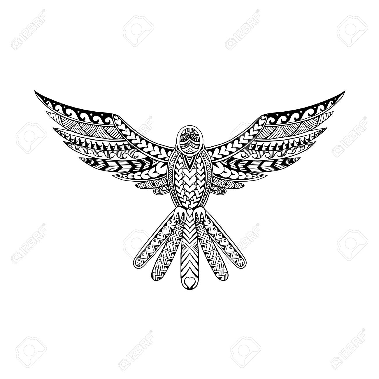 孤立した背景に正面から広がる翼を持つハトの飛ぶ鳩の部族の入れ墨スタイルのイラスト のイラスト素材 ベクタ Image