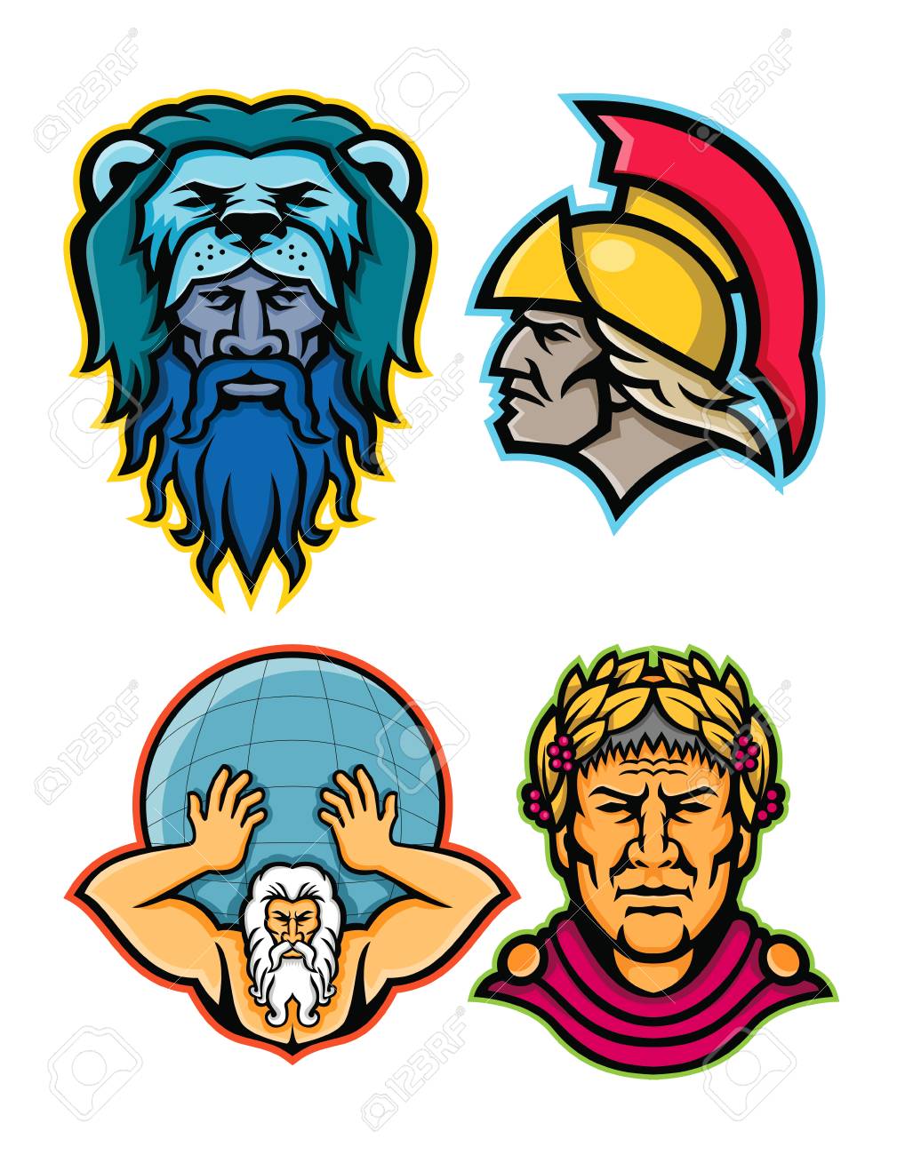 Mascot Icon Illustration Set Of Heads Of Roman And Greek Heroes And Gods In Mythology Like