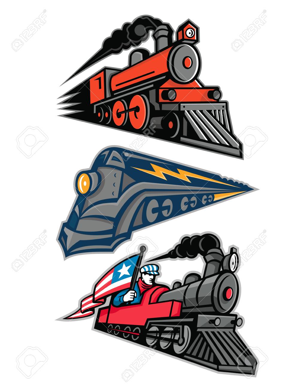 Mascot Icon Illustration Set Of Vintage Steam Locomotive Or Steam Engine Railway  Train Speeding Up Viewed From Side On Isolated Background In Retro Style.  Royalty Free SVG, Cliparts, Vectors, And Stock Illustration.