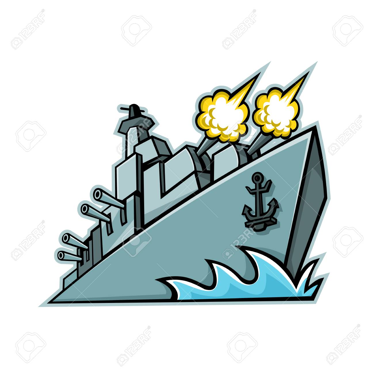 アメリカの駆逐艦 軍艦 戦艦のマスコットアイコンイラストは レトロなスタイルで孤立した背景に低角から見た砲を発射しています のイラスト素材 ベクタ Image アメリカの駆逐艦 軍艦 戦艦のマスコットアイコンイラストは レトロなスタイルで孤立した背景に低角から見た砲を発射しています のイラスト素材 ベクタ Image