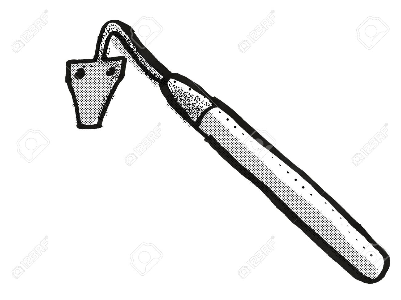 Retro cartoon style drawing of an Amish sickle bar garden hoe,..
