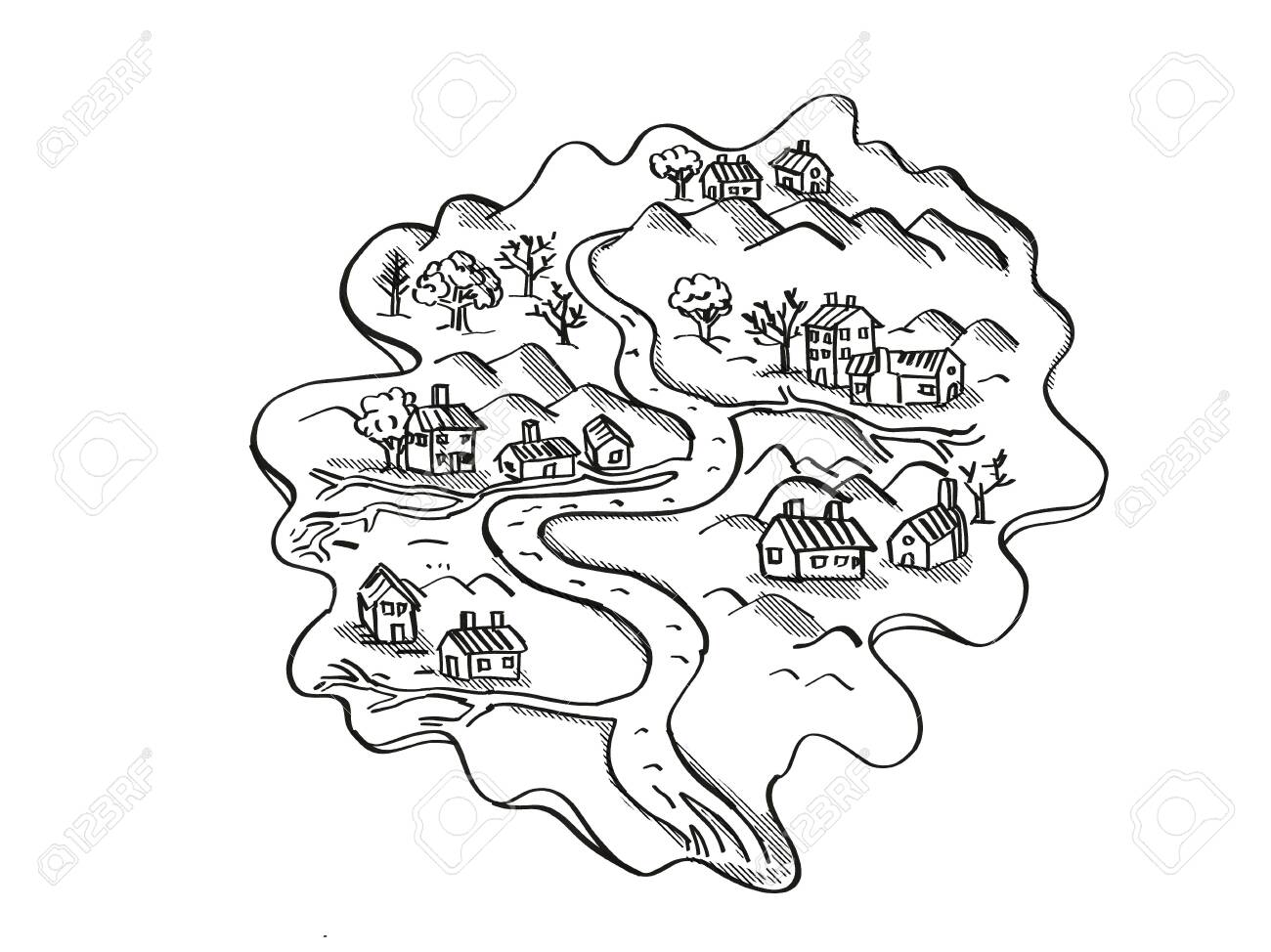 Retro Cartoon Style Drawing Of A Vintage Fantasy Or Treasure Map Showing An Island With River And Houses On Isolated White Background Done In Black And White. Stock Photo, Picture And Royalty Retro Cartoon Style Drawing Of A Vintage Fantasy Or Treasure Map Showing An Island With River And Houses On Isolated White Background Done In Black And White. Stock Photo, Picture And Royalty