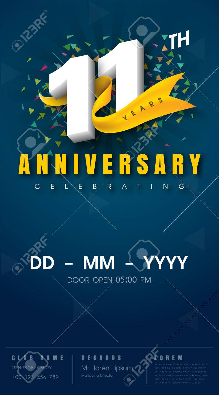 11 Years Anniversary Invitation Card - Celebration Template design , 11th  Anniversary Modern Design Elements, Dark Blue background - Vector  Illustration Клипарты, SVG, векторы, и Набор Иллюстраций Без Оплаты  Отчислений. Image 68319822