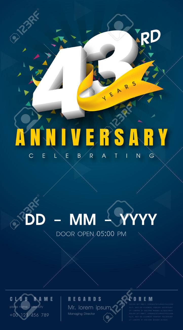 Carte D Invitation Anniversaire 43 Ans Conception De Modele De Celebration 43e Anniversaire Elements De Design Moderne Fond Bleu Fonce Illustration Vectorielle Clip Art Libres De Droits Vecteurs Et Illustration Image
