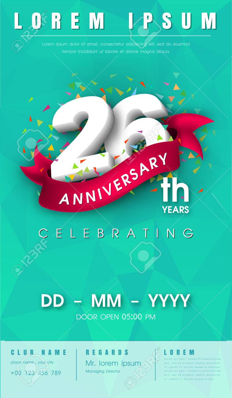 Carte D Invitation Anniversaire 26 Ans Ou Embleme Conception De Modele De Celebration Elements De Conception Moderne 26e Anniversaire Avec Polygone D Arriere Plan Et Ruban Rose Illustration Vectorielle Clip Art Libres De