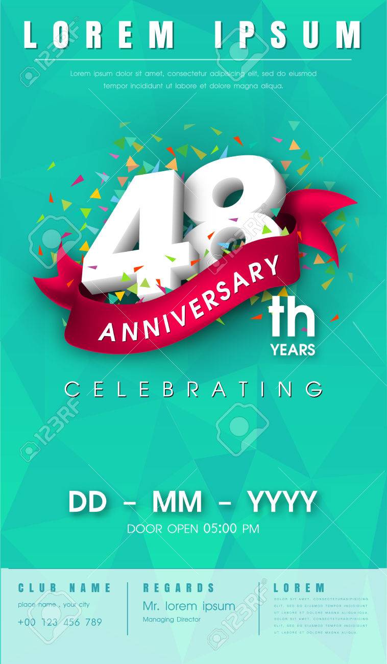 Carte D Invitation Anniversaire 48 Ans Ou Embleme Conception De Modele De Celebration Elements De Conception Moderne 48e Anniversaire Avec Polygone D Arriere Plan Et Ruban Rose Illustration Vectorielle Clip Art Libres De