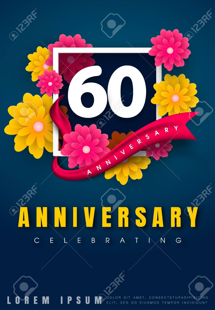 Carte D Invitation Anniversaire 60 Ans Conception De Modele De Celebration 60e Anniversaire Avec Des Fleurs Et Des Elements De Design Moderne Fond Bleu Fonce Illustration Vectorielle Clip Art Libres De