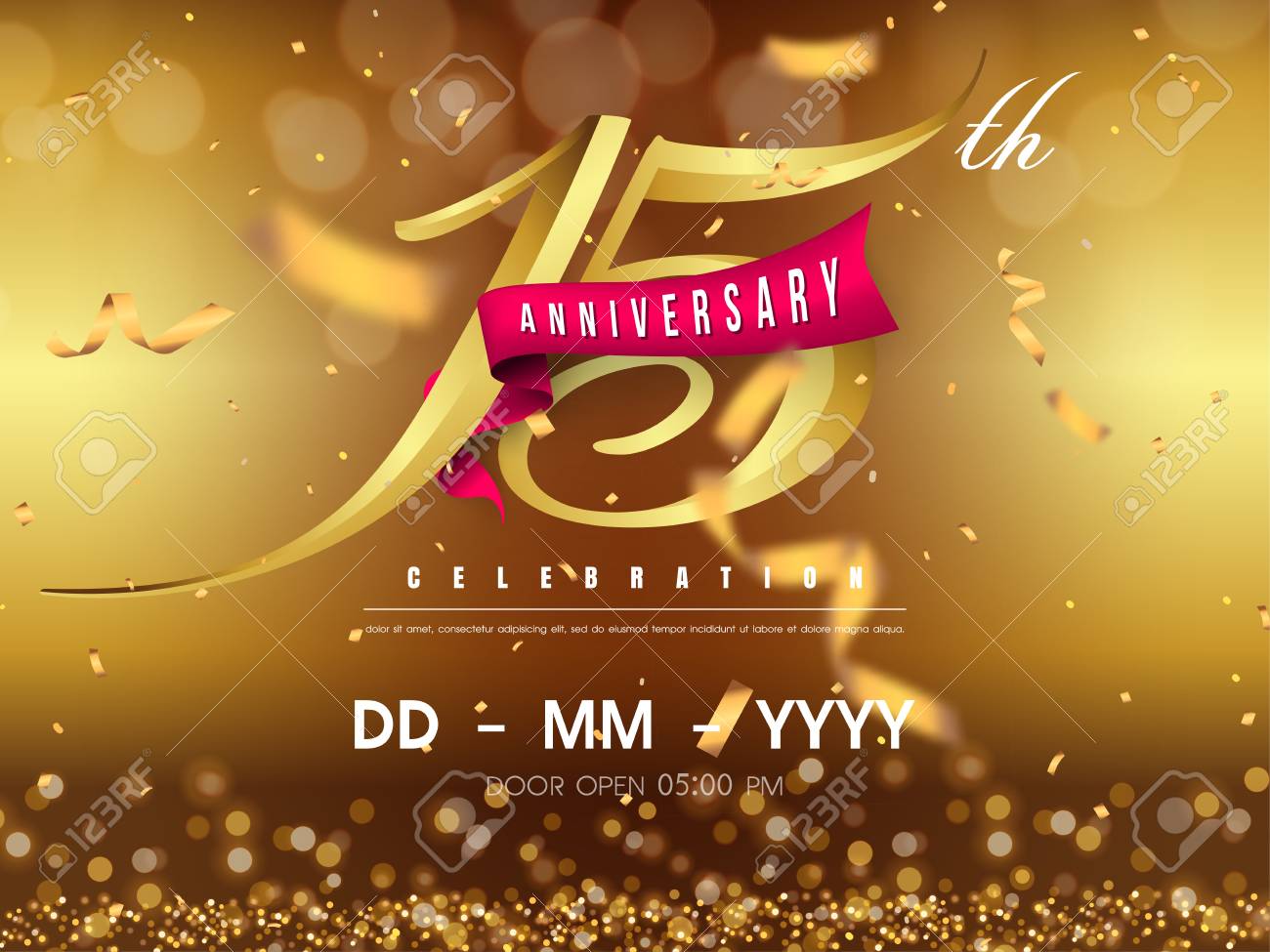 15 years anniversary logo template on gold background. 15th celebrating golden numbers with red ribbon vector and confetti isolated design elements - 118534794 15 years anniversary logo template on gold background. 15th celebrating golden numbers with red ribbon vector and confetti isolated design elements - 118534794
