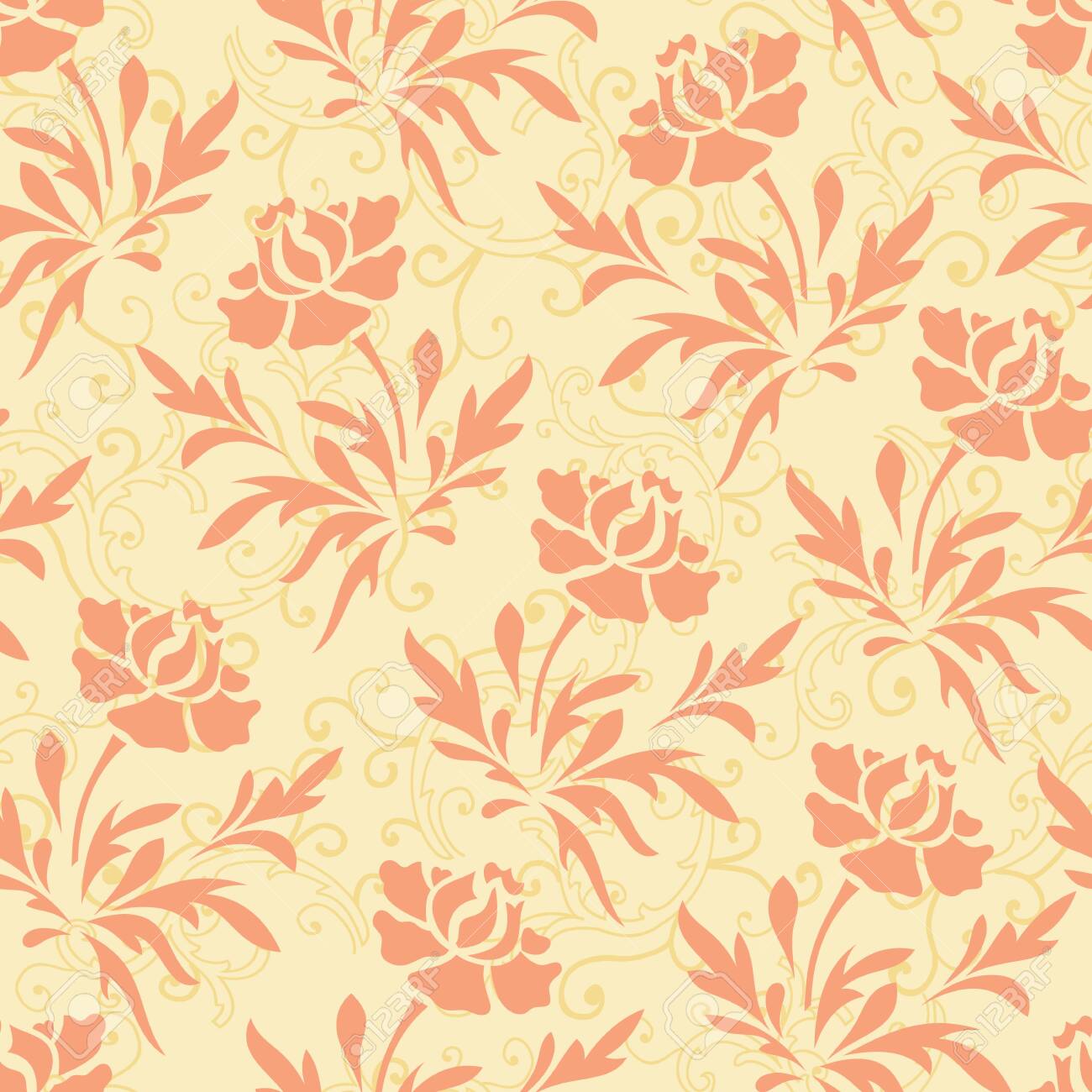 Vector pastel ornage and yellow rose flower with bail seamless pattern background - 144048059 Vector pastel ornage and yellow rose flower with bail seamless pattern background - 144048059