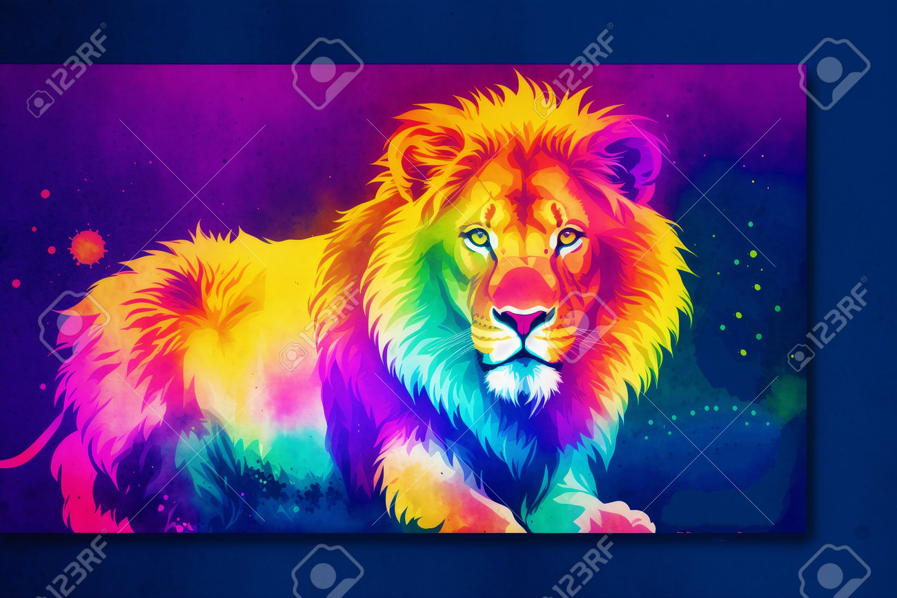 壁にカラフルなライオンの絵。デザインのクリエイティブな背景の写真