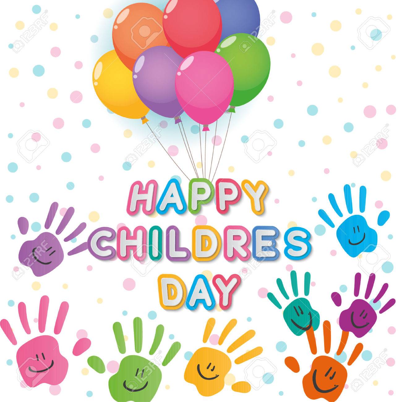 幸せな子供の日のイラストレーター テキストおよび色白色背景上の手します のイラスト素材 ベクタ Image