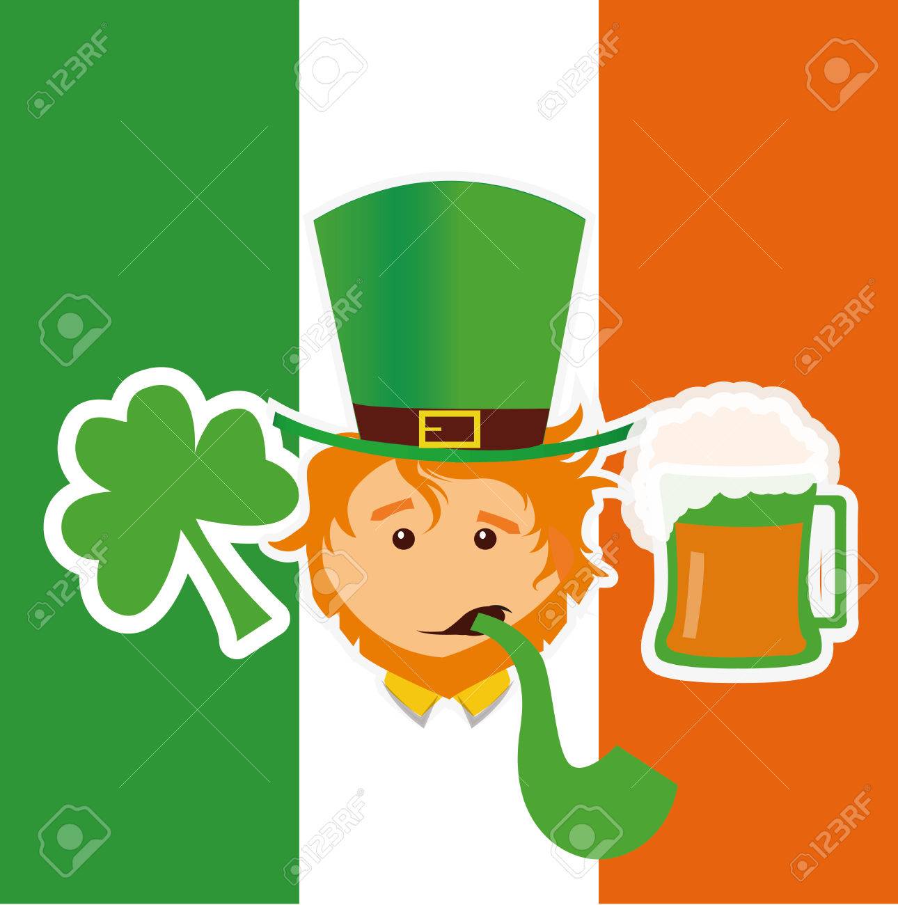im Irland-Design Glücklicher Kobold der Kleeblätter in einem Topf zieht im Irland-Design Glücklicher Kobold der Kleeblätter in einem Topf zieht