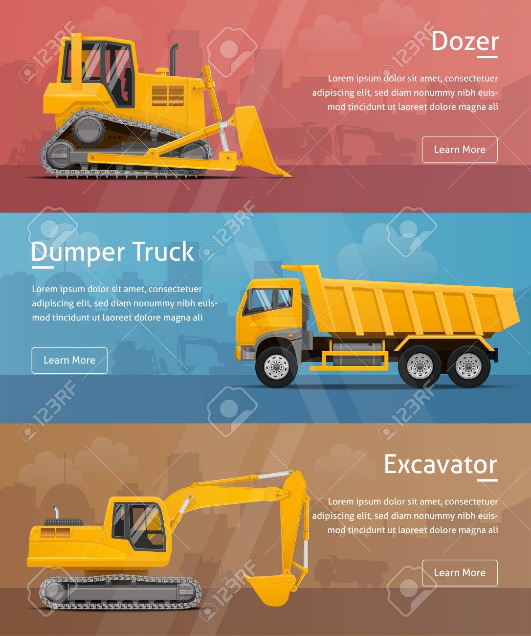 ダンパー 油圧ショベル ブルドーザー 側面図です Web バナー 非常に詳細なベクトル イラスト のイラスト素材 ベクタ Image