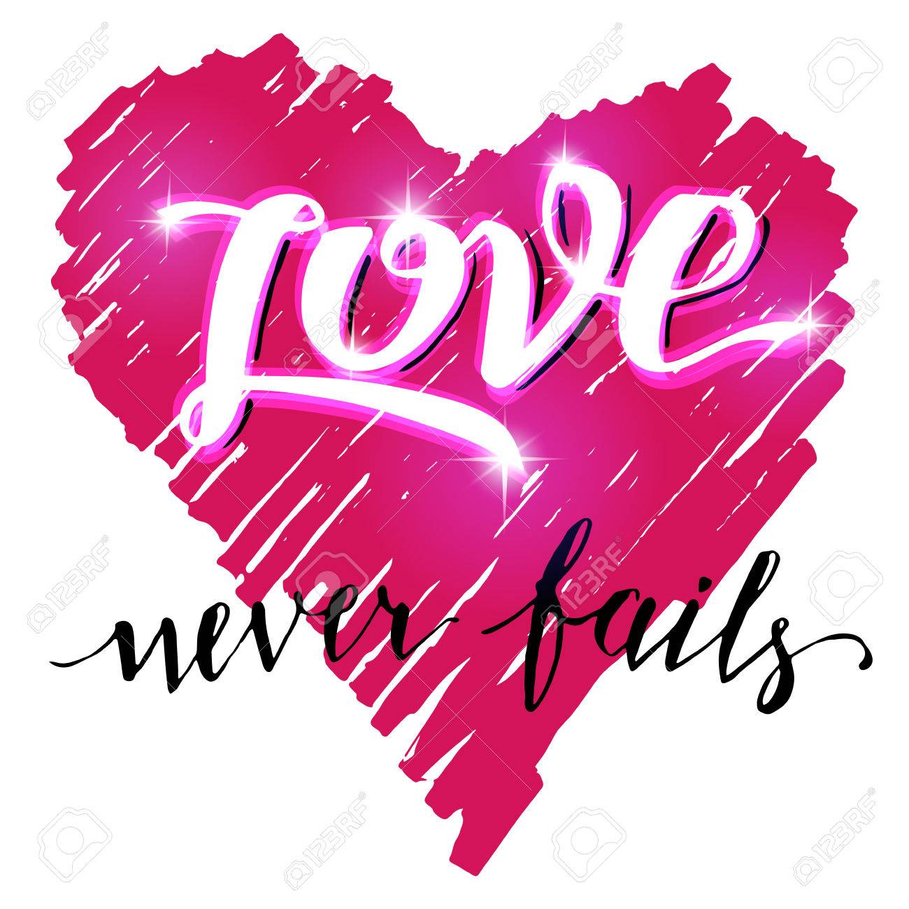 愛は決して滅びない 輝く効果のカリグラフィをブラシします バレンタインの日カード ウェディング カード T シャツやポスターの手描き心による手書き文字のイラスト素材 ベクタ Image