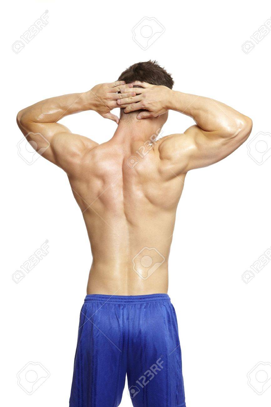 スポーツ服白い背景の上における筋腕を曲げる筋肉の若い男 の写真素材 画像素材 Image