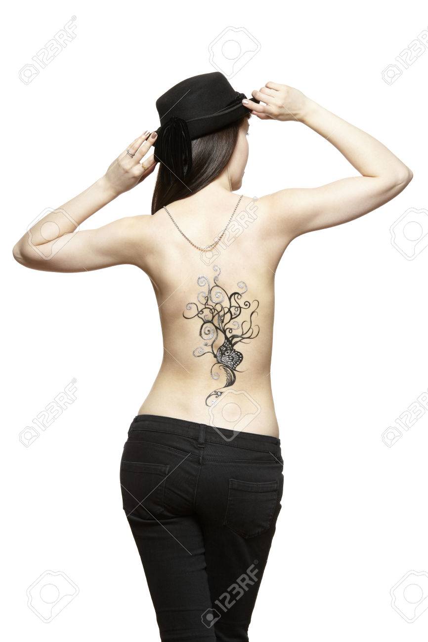 Body Art Tatouage Temporaire Sur Le Dos Des Femmes Isolées Sur Fond Blanc