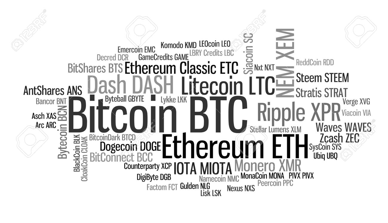 Criptografias Com Uma Capitalização De Mais De US $ 100 Milhões. O Tamanho  Da Fonte Mostra Aproximadamente A Participação De Mercado Das Moedas  Digitais. Palavra Nuvem Fotos, retratos, imágenes y fotografía de