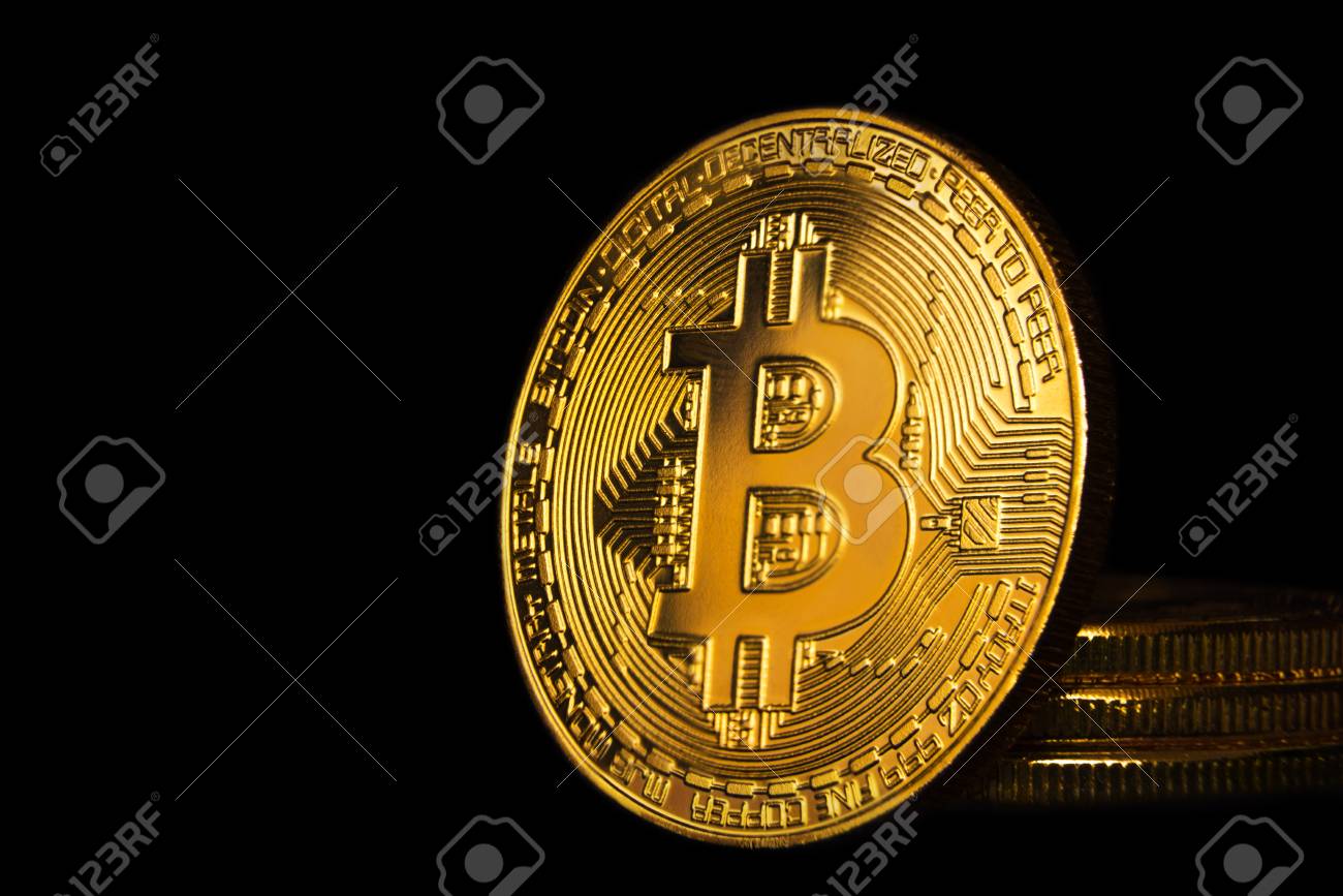 Golden Bitcoin On Black Background With Copy Space. Cryptocurrency Mining  Concept Stock Photo, Picture and Royalty Free Image. Image 86584950.