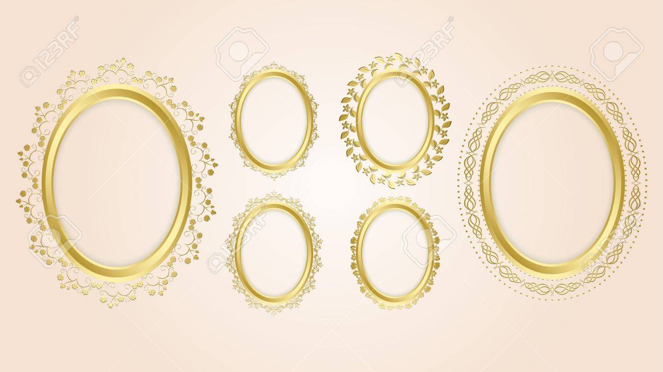 ゴールドの楕円形の装飾的なフレームを設定します 楕円形の影が透明です のイラスト素材 ベクタ Image