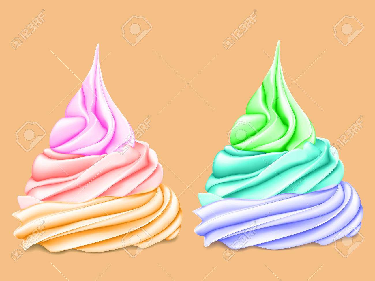 2 明るいおいしそうなマルチレベル ツイスト クリーム 各レベルは 別の色は 黄色の背景に 3 D 様式のイラスト素材 ベクタ Image
