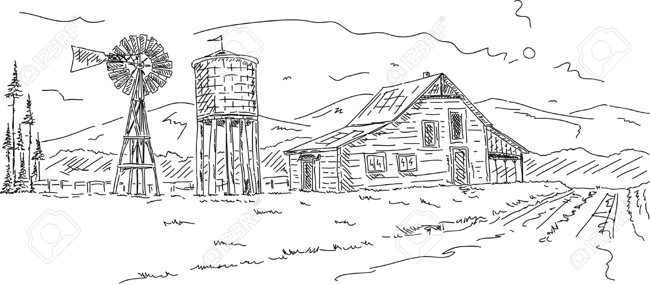 Farm Barn Drawing vector - old farm under mountains hand draw royalty free cliparts Farm Barn Drawing vector - old farm under mountains hand draw royalty free cliparts