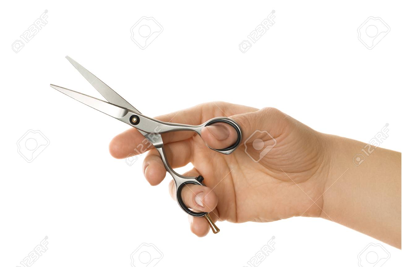 美容師のヘアカットは 白い背景で隔離のためのはさみを手で押し の写真素材 画像素材 Image