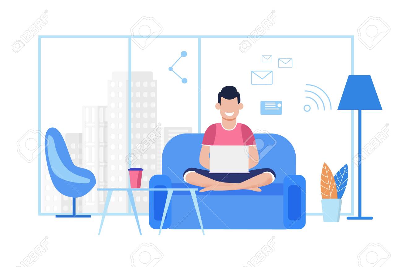 Young Cartoon Guy Works on Laptop at Comfortable Coworking Office or at Home. Freelancer Typing Message, Sending Email, Chatting Social Media Using Wi-Fi, Sitting on Sofa. Vector Flat Illustration - 123299489 Young Cartoon Guy Works on Laptop at Comfortable Coworking Office or at Home. Freelancer Typing Message, Sending Email, Chatting Social Media Using Wi-Fi, Sitting on Sofa. Vector Flat Illustration - 123299489