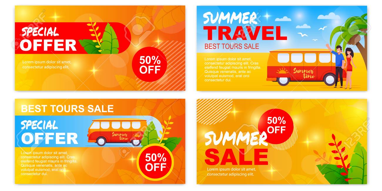 special sales offer for summer road trip advertising flat banners promotional templates