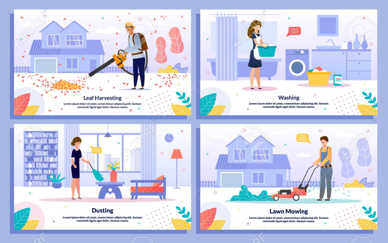 잎 수확, 먼지 청소, 잔디 이동 및 세척 유행 평면 벡터 배너, 포스터 템플릿 세트. 일하는 여성, 남성 청소 서비스 직원, 정원사,  호텔 수행원 또는 메이드 일러스트레이션 로열티 무료 사진, 그림, 이미지