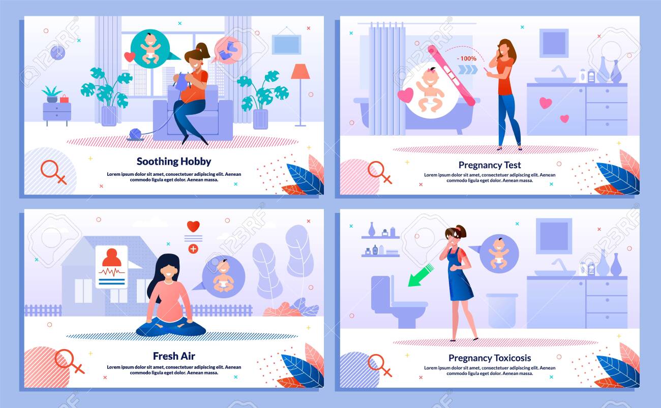 Pregnancy Test Positive Result, Pregnant Woman Hobby, Outdoor Activity, Morning Sickness Trendy Flat Vector Banner, Poster Set. Woman Feeling Nausea, Meditating, Looking on Test, Knitting Illustration - 136965029 Pregnancy Test Positive Result, Pregnant Woman Hobby, Outdoor Activity, Morning Sickness Trendy Flat Vector Banner, Poster Set. Woman Feeling Nausea, Meditating, Looking on Test, Knitting Illustration - 136965029