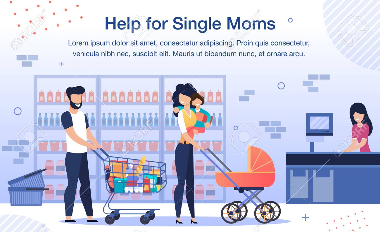 Social Help for Single Mother Trendy Flat Vector Banner, Poster Template. Volunteer, Man Going on Shopping in Grocery Store with Woman and Children, Helping Single Parent to Carry Goods Illustration - 143153894 Social Help for Single Mother Trendy Flat Vector Banner, Poster Template. Volunteer, Man Going on Shopping in Grocery Store with Woman and Children, Helping Single Parent to Carry Goods Illustration - 143153894