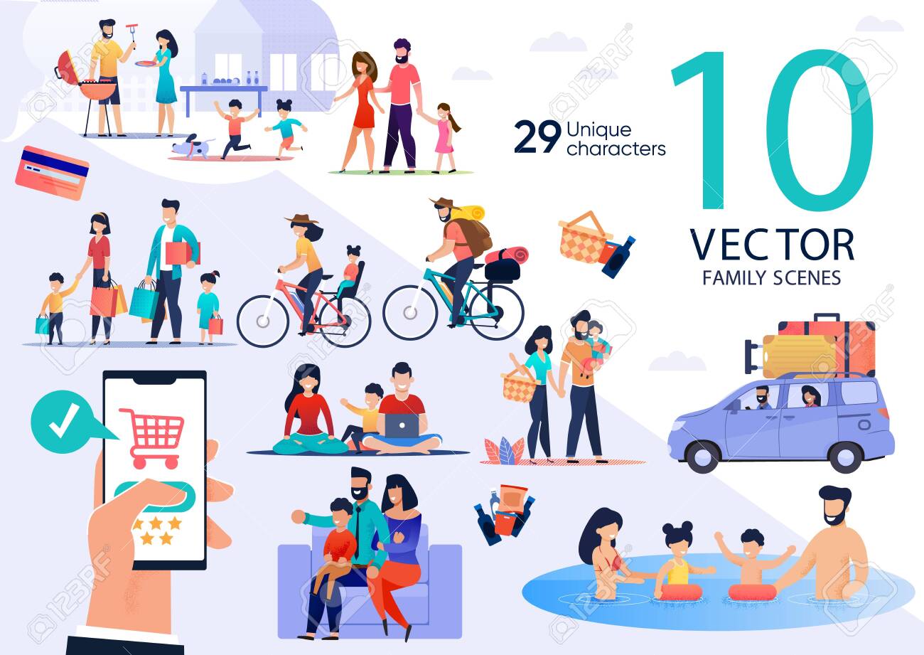 Family Summer Vacation Leisure and Recreation, Holidays Travel Trendy Flat Vector Scenes Set. Parents with Kids Cooking Barbeque, Going on Shopping and Picnic, Traveling on Bicycles, Swimming in Pool - 143153937 Family Summer Vacation Leisure and Recreation, Holidays Travel Trendy Flat Vector Scenes Set. Parents with Kids Cooking Barbeque, Going on Shopping and Picnic, Traveling on Bicycles, Swimming in Pool - 143153937
