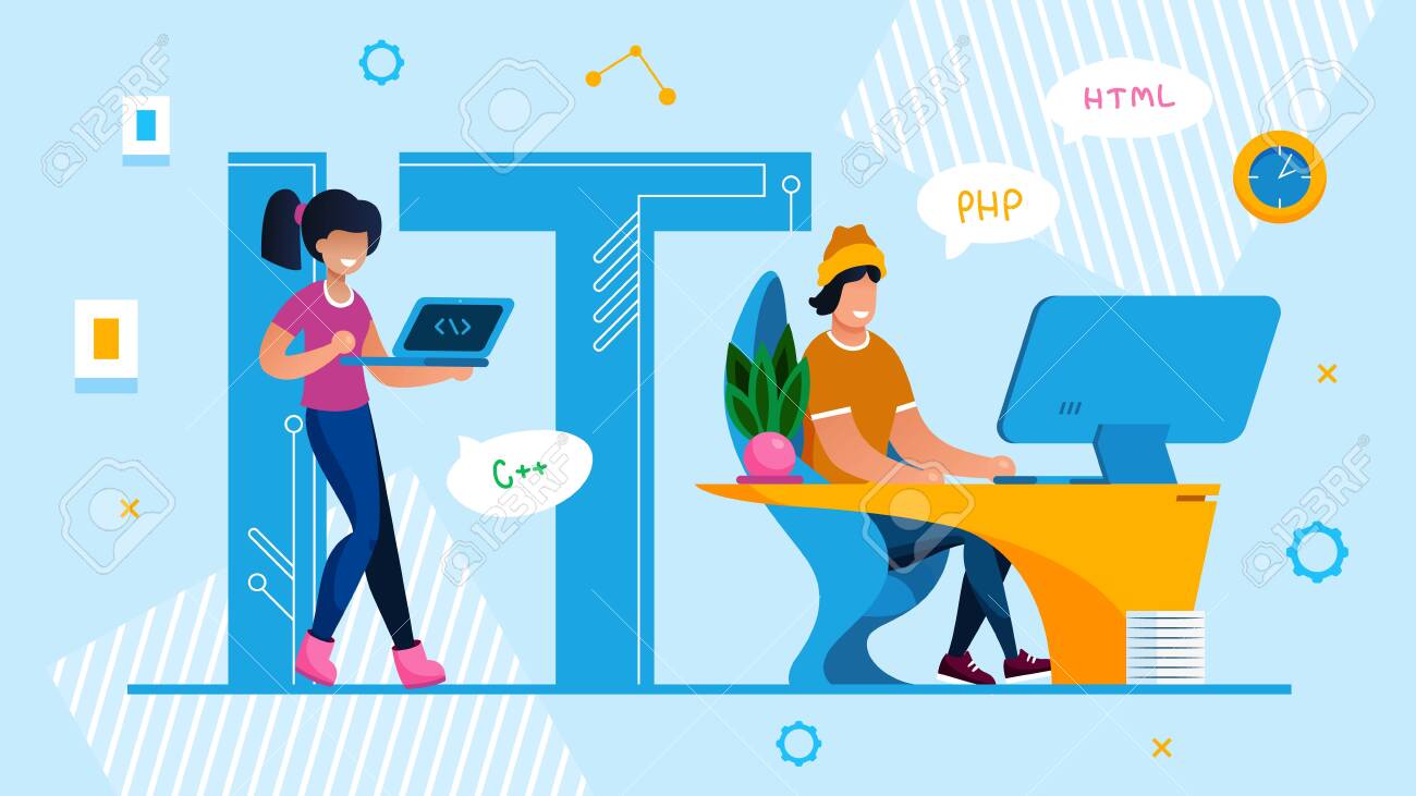 It Specialist Team. Technical Service and Support Advertisement. Man and Woman Programmer, Designer, System Administrator Brainstorming, Coding, Computing HTML Language. Vector Illustration - 148488541 It Specialist Team. Technical Service and Support Advertisement. Man and Woman Programmer, Designer, System Administrator Brainstorming, Coding, Computing HTML Language. Vector Illustration - 148488541