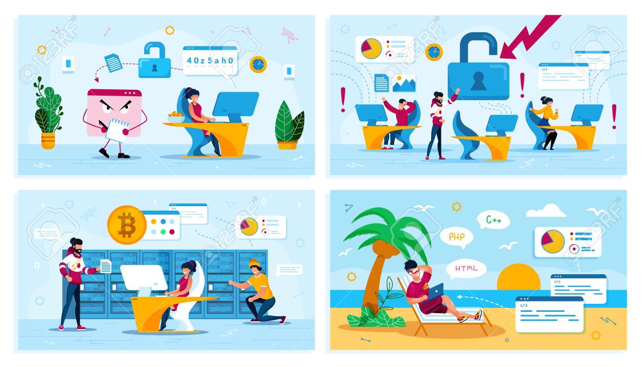 Online Security, Network Breakage, Bitcoin Trading, Digital Nomad Trendy Flat Vector Concepts Set. Trojan Stealing Data, Employees in Panic, Mining Farm Owners, Freelancer Works on Beach Illustration - 143667489 Online Security, Network Breakage, Bitcoin Trading, Digital Nomad Trendy Flat Vector Concepts Set. Trojan Stealing Data, Employees in Panic, Mining Farm Owners, Freelancer Works on Beach Illustration - 143667489