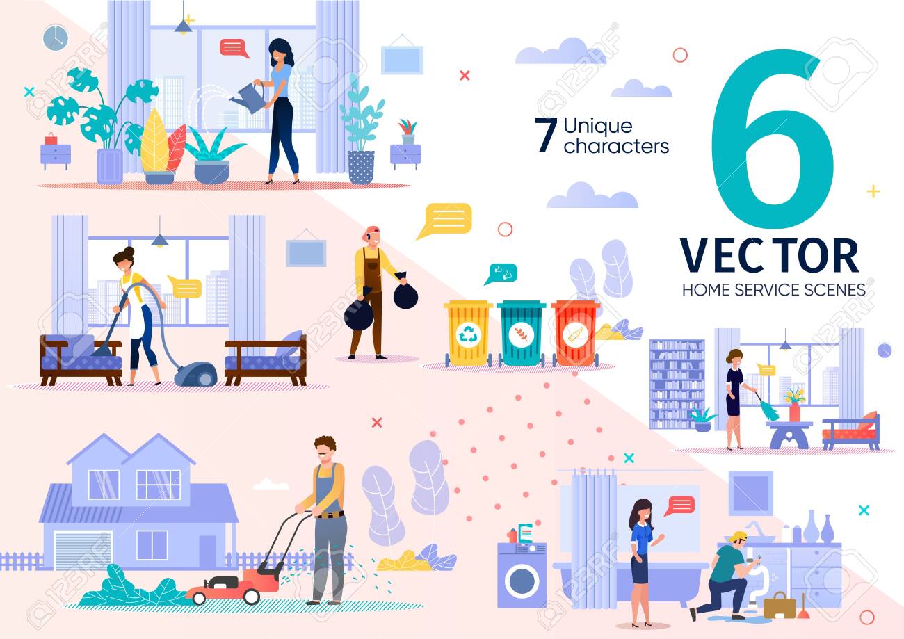 House Cleaning, Plumbing Service Employees Routine Trendy Flat Vector Scenes Set. Female, Male Workers Characters Throwing Out Waste, Moving Lawn, Repairing Pipe Leakage, Dusting at Home Illustrations - 144192976 House Cleaning, Plumbing Service Employees Routine Trendy Flat Vector Scenes Set. Female, Male Workers Characters Throwing Out Waste, Moving Lawn, Repairing Pipe Leakage, Dusting at Home Illustrations - 144192976