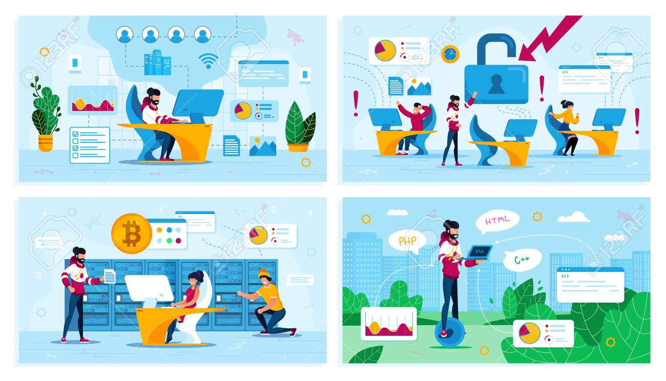 온라인 비즈니스 해커 공격 위협 비트코인 거래 디지털 직업 유행 플랫 벡터 개념은 패닉 광산 농장 힙스터가 외발자전거를 타는 그림에서  네트워크 관리자 직원을 설정합니다. 로열티 무료 사진, 그림, 이미지 그리고 스톡포토그래피. Image