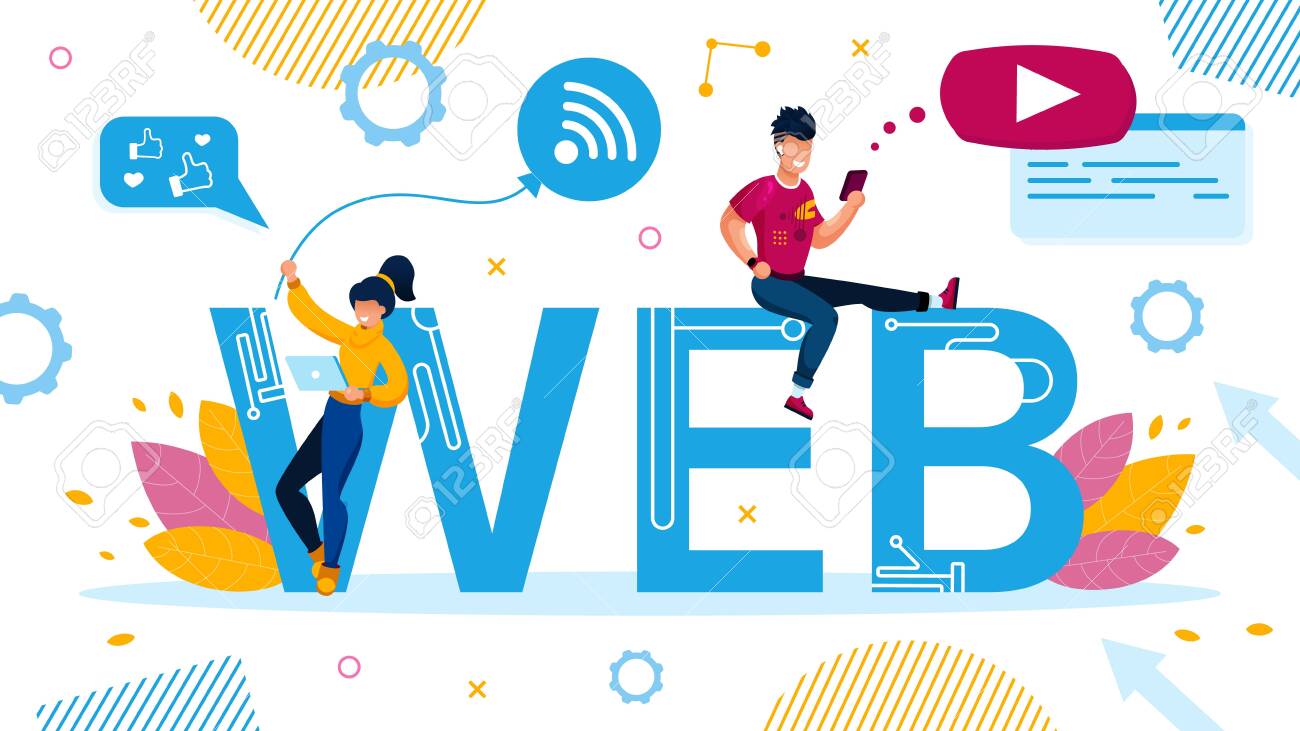 Web Design for Social Media, Video Application on Digital Device. Advertising Poster with Tiny People Laptop and Smartphone User Standing Sitting on Capital Letter. Wireless Tech Vector Illustration - 146451555 Web Design for Social Media, Video Application on Digital Device. Advertising Poster with Tiny People Laptop and Smartphone User Standing Sitting on Capital Letter. Wireless Tech Vector Illustration - 146451555