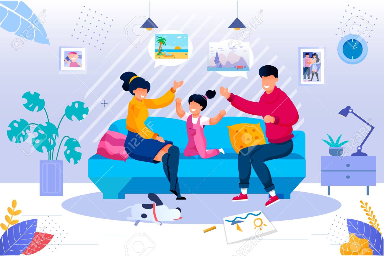 Smiling Parent Playing with Cheerful Daughter Kid Sitting Together on Couch in Living Room at Home. Happy Family Evening Recreation and Pastime. Togetherness Activity. Vector Illustration - 144319156 Smiling Parent Playing with Cheerful Daughter Kid Sitting Together on Couch in Living Room at Home. Happy Family Evening Recreation and Pastime. Togetherness Activity. Vector Illustration - 144319156
