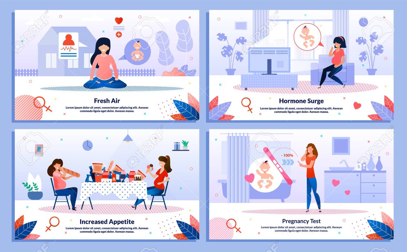 Pregnancy Test, Pregnant Woman Appetite, Hormone Surge, Outdoor Activity Trendy Flat Vector Banner, Poster Set. Lady Meditating, Feels Mood Changes, Eating Unhealthy Food, Looking on Test Illustration - 144840145 Pregnancy Test, Pregnant Woman Appetite, Hormone Surge, Outdoor Activity Trendy Flat Vector Banner, Poster Set. Lady Meditating, Feels Mood Changes, Eating Unhealthy Food, Looking on Test Illustration - 144840145