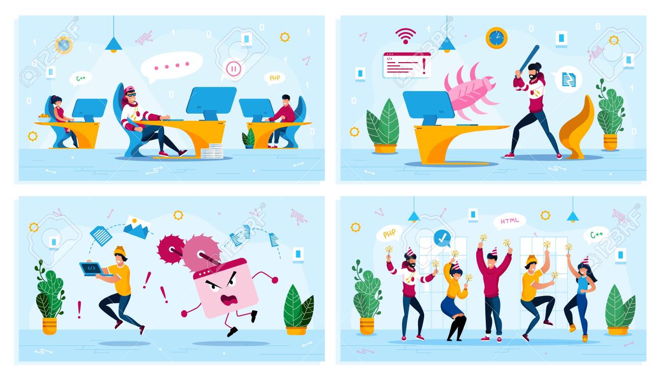 Employees Motivation, Internet Threat, Corporate Party Trendy Flat Vector Concepts Set. Procrastinating Programmer, User Fighting with Bug, Rescuing Computer from Virus, Dancing Coworkers Illustration - 144683052 Employees Motivation, Internet Threat, Corporate Party Trendy Flat Vector Concepts Set. Procrastinating Programmer, User Fighting with Bug, Rescuing Computer from Virus, Dancing Coworkers Illustration - 144683052
