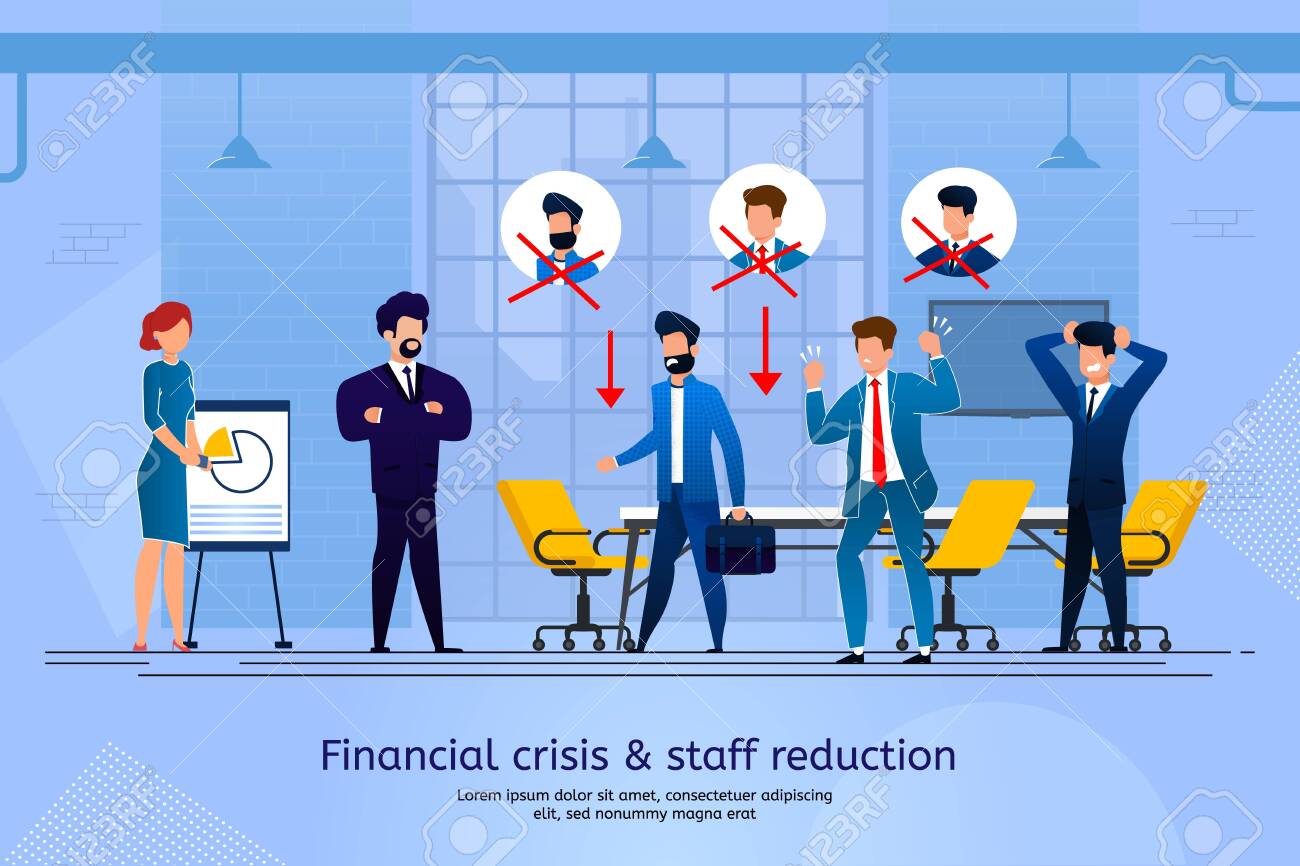 Financial Crisis and Staff Reduction Trendy Flat Vector Banner, Poster Template. Business Leader, Boss Telling Company Employees About Layoff. Office Workers in Panic Because of Job Lose Illustration - 145549497 Financial Crisis and Staff Reduction Trendy Flat Vector Banner, Poster Template. Business Leader, Boss Telling Company Employees About Layoff. Office Workers in Panic Because of Job Lose Illustration - 145549497